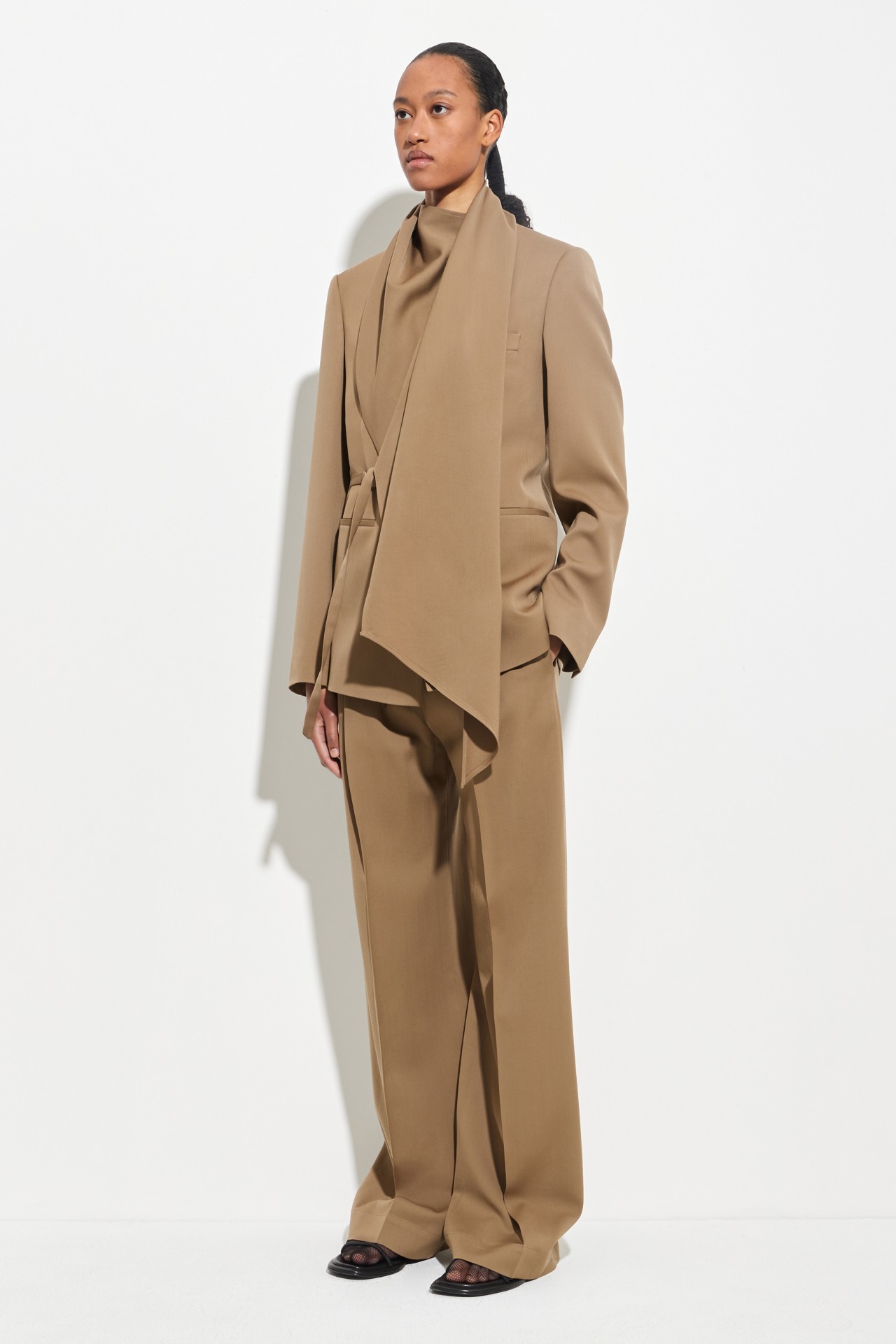 BLAZER WITH DRAPED SCARF & BELT ALMOND