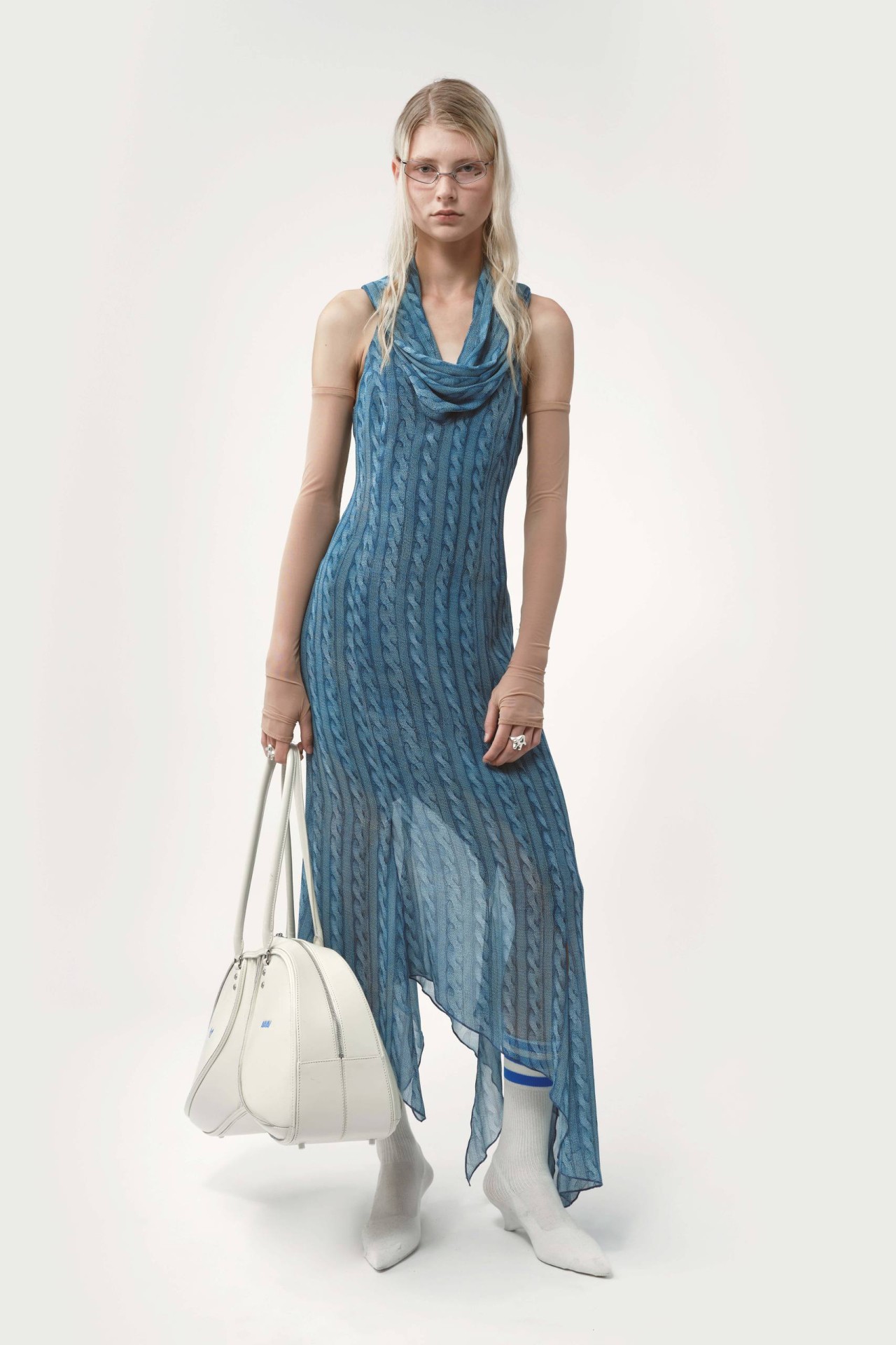 AVAVAV DRAPED DRESS PRINTED CABLE KNIT BLUE