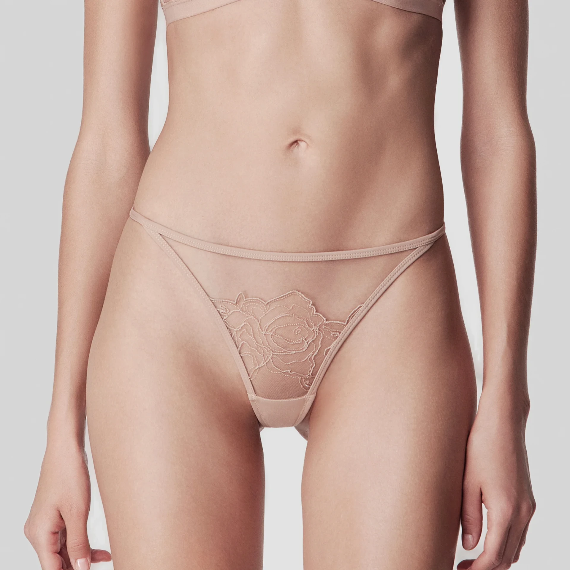 EMBROIDERY LOW-RISE THONG IN SKIN-PINK