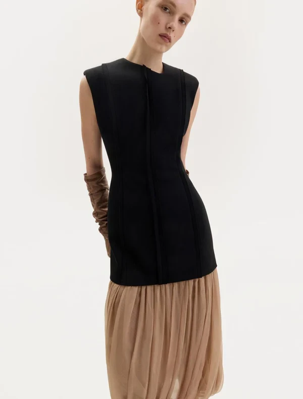 MIDI DRESS WITH A CHIFFON SKIRT IN BLACK/BEIGE