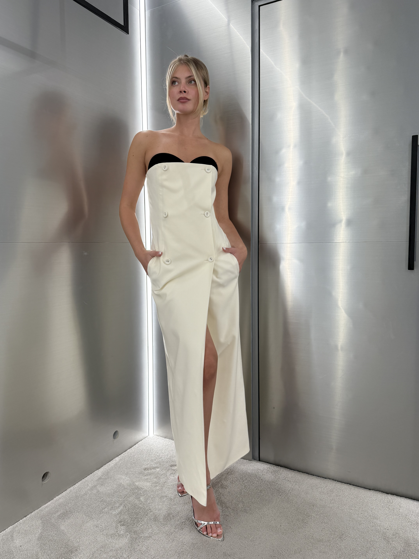 IVORY WOOL MIDI DRESS WITH BLACK SILK BUSTIER