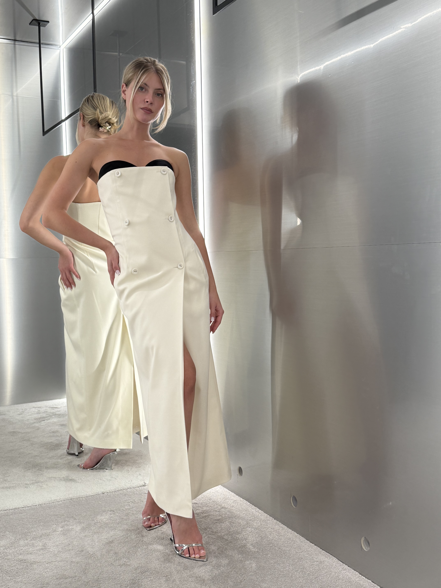 IVORY WOOL MIDI DRESS WITH BLACK SILK BUSTIER