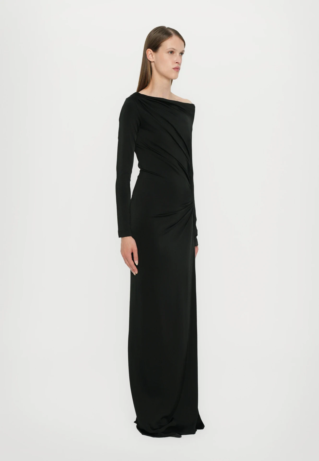 OFF-SHOULDER DRAPED GOWN IN BLACK