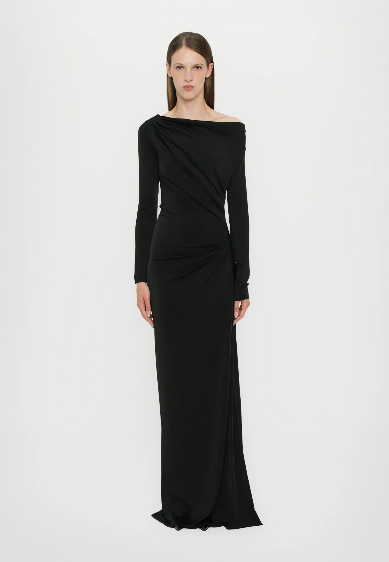 OFF-SHOULDER DRAPED GOWN IN BLACK