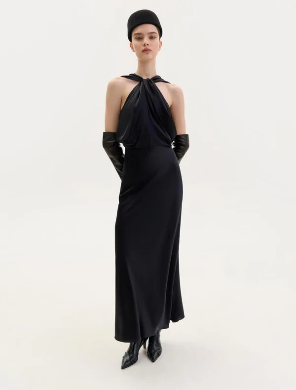 SILK DRESS WITH TWISTED DETAIL IN BLACK 