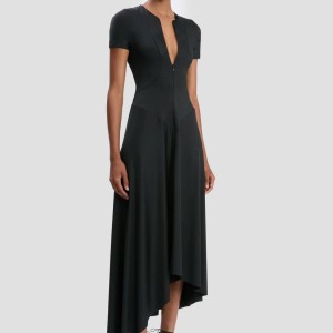 ZIPPED FRONT MIDI DRESS IN BLACK