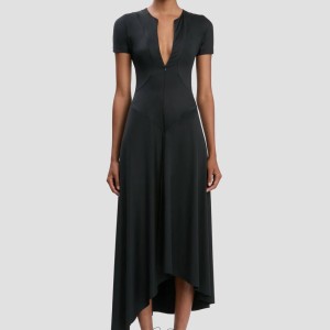 ZIPPED FRONT MIDI DRESS IN BLACK