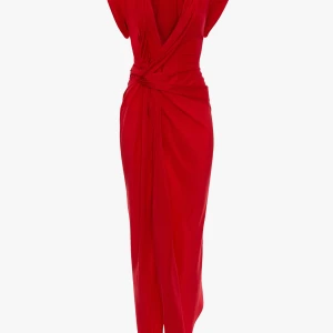 ASYMMETRIC TWIST DETAIL DRESS IN CARDINAL RED