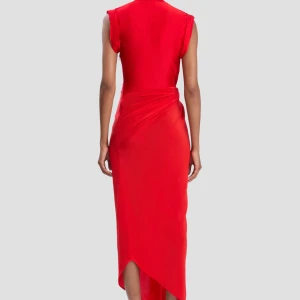 ASYMMETRIC TWIST DETAIL DRESS IN CARDINAL RED