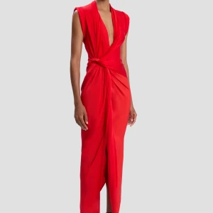 ASYMMETRIC TWIST DETAIL DRESS IN CARDINAL RED