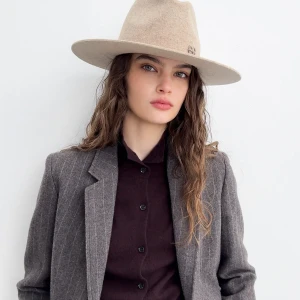 RUSLAN BAGINSKIY MONOGRAM-EMBELLISHED FEDORA HAT IN BEIGE