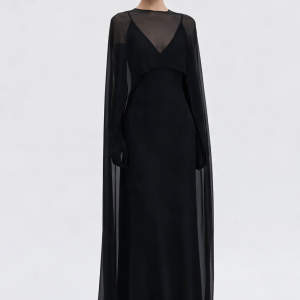 SATIN MAXI DRESS WITH CAPE MIDNIGHT BLACK