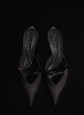 BLACK SATIN FANG 55 BUCKET MULES 