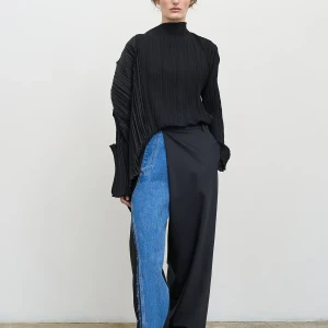 DECONSTRUCTED PANTS WITH DENIM PANEL IN BLACK/NAVY BLUE