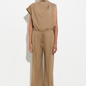 WIDE LEG PANTALON WITH WAISTSTRING ALMOND