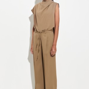 WIDE LEG PANTALON WITH WAISTSTRING ALMOND