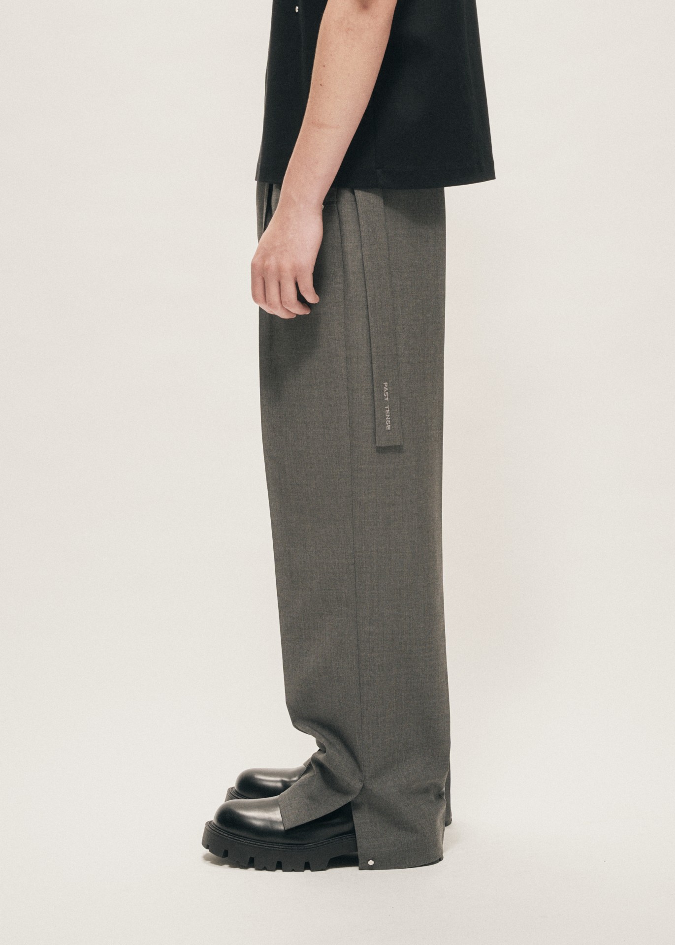 TROPICAL WOOL BELTED WIDE LEG TROUSERS GREY MELANGE 