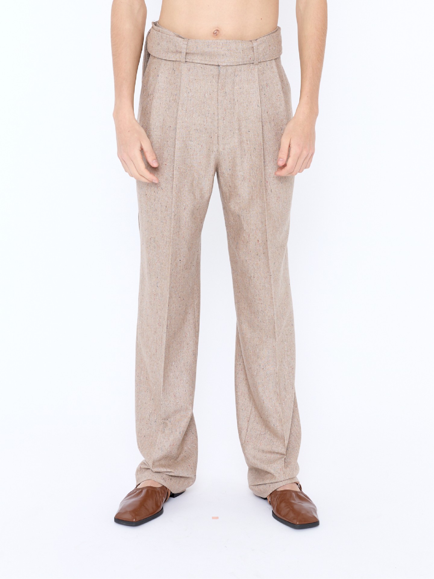 WOOL BELT TROUSERS IN HEATHER KHAKI